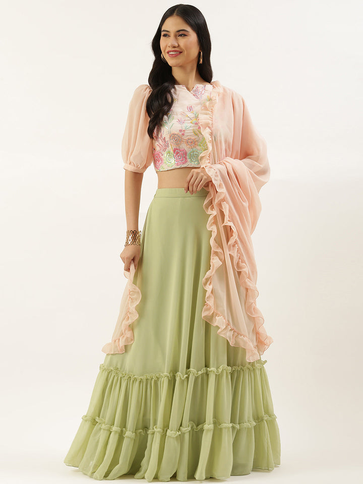 Peach-Georgette-Embroidered-Green-Lehenga-Set