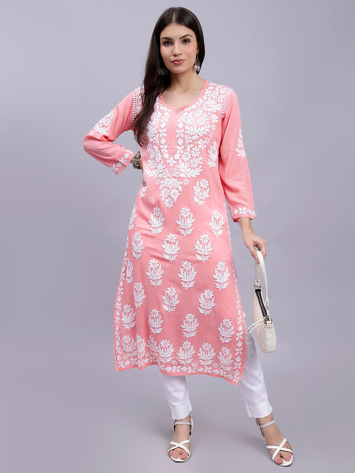 Peach Modal Handwoven Chikankari Kurti