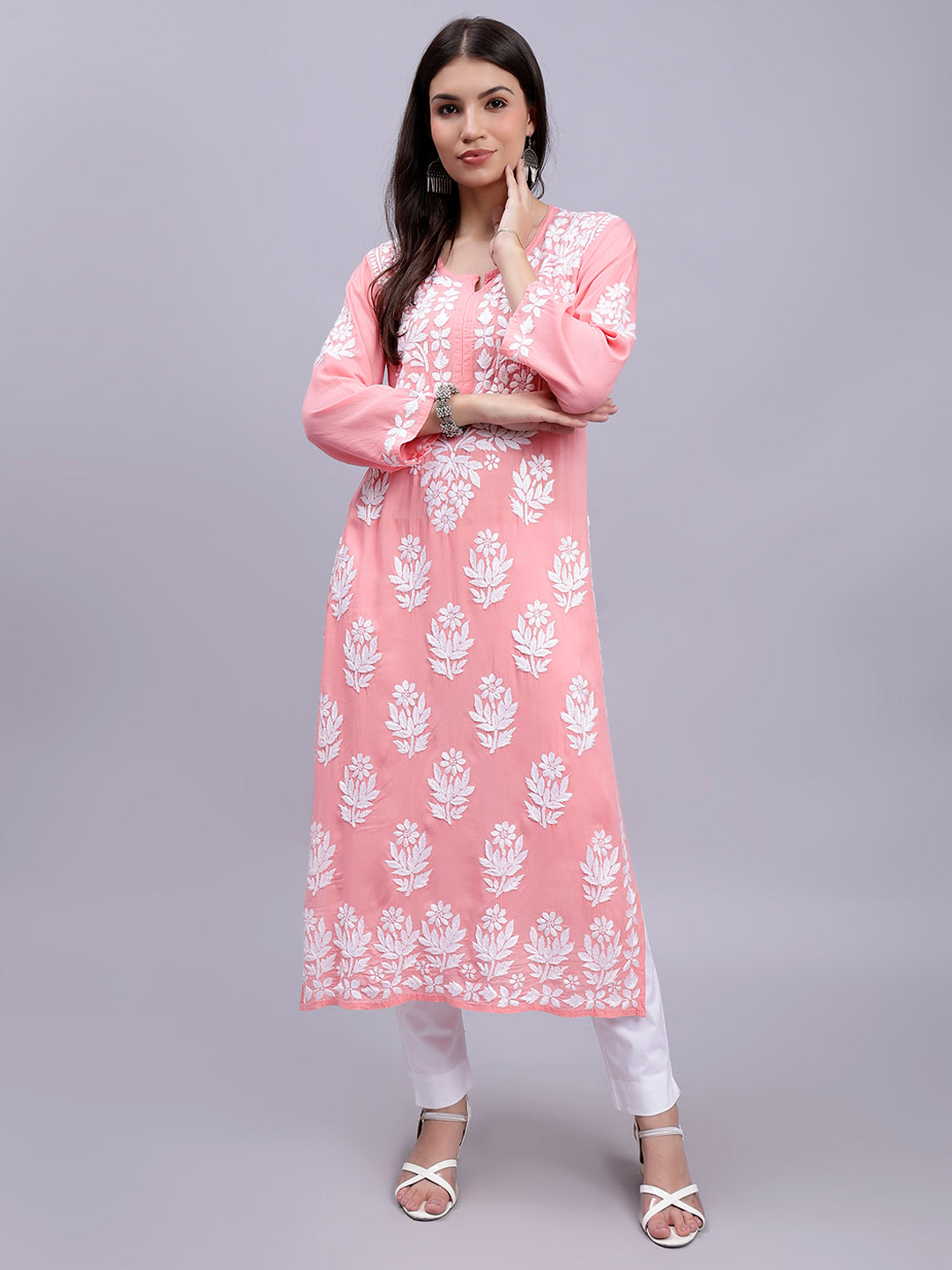 Peach Modal Handwoven Chikankari Kurti