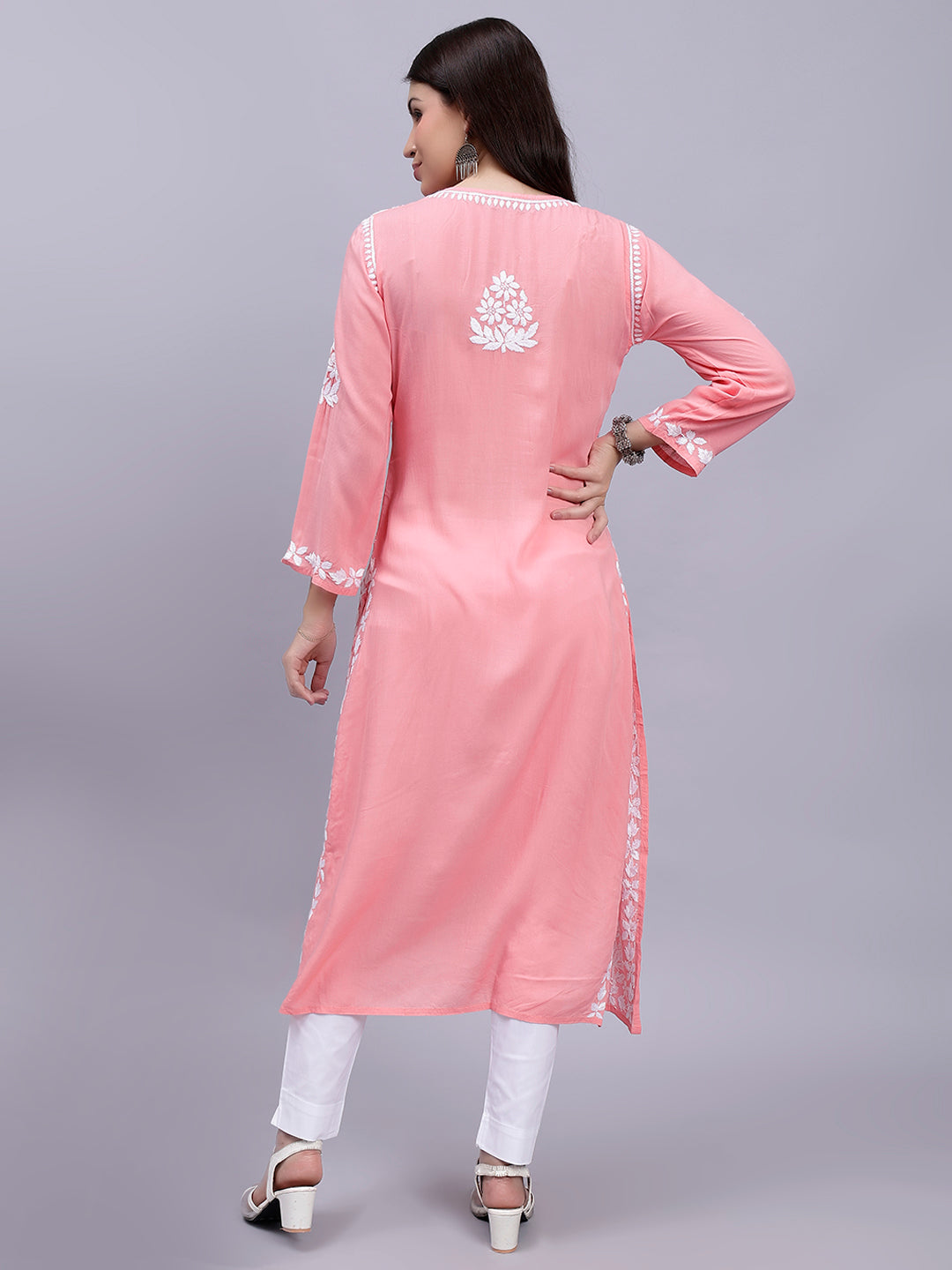 Peach Modal Handwoven Chikankari Kurti