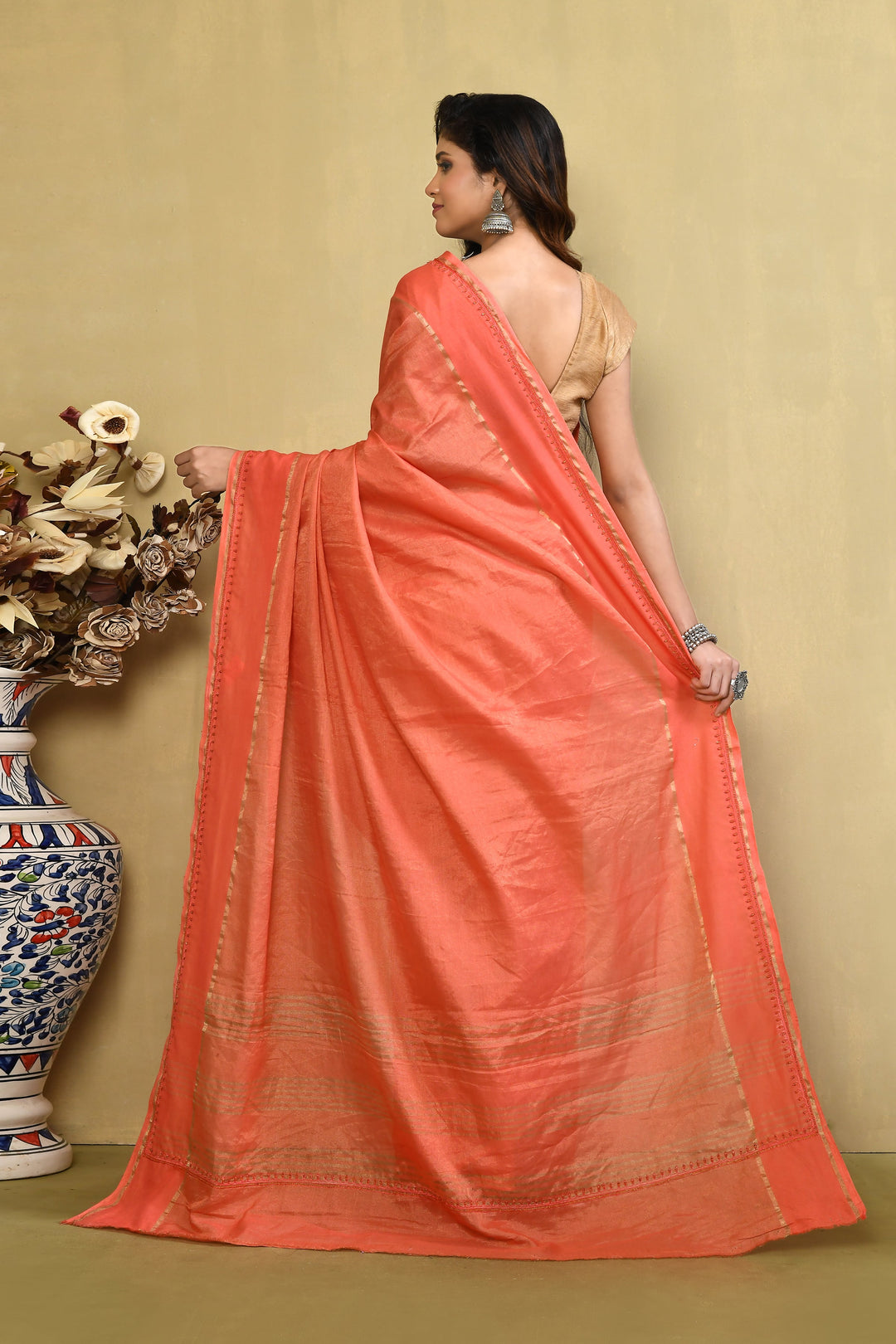 Peach Solid Pure Linen Embroidered Banarasi Saree