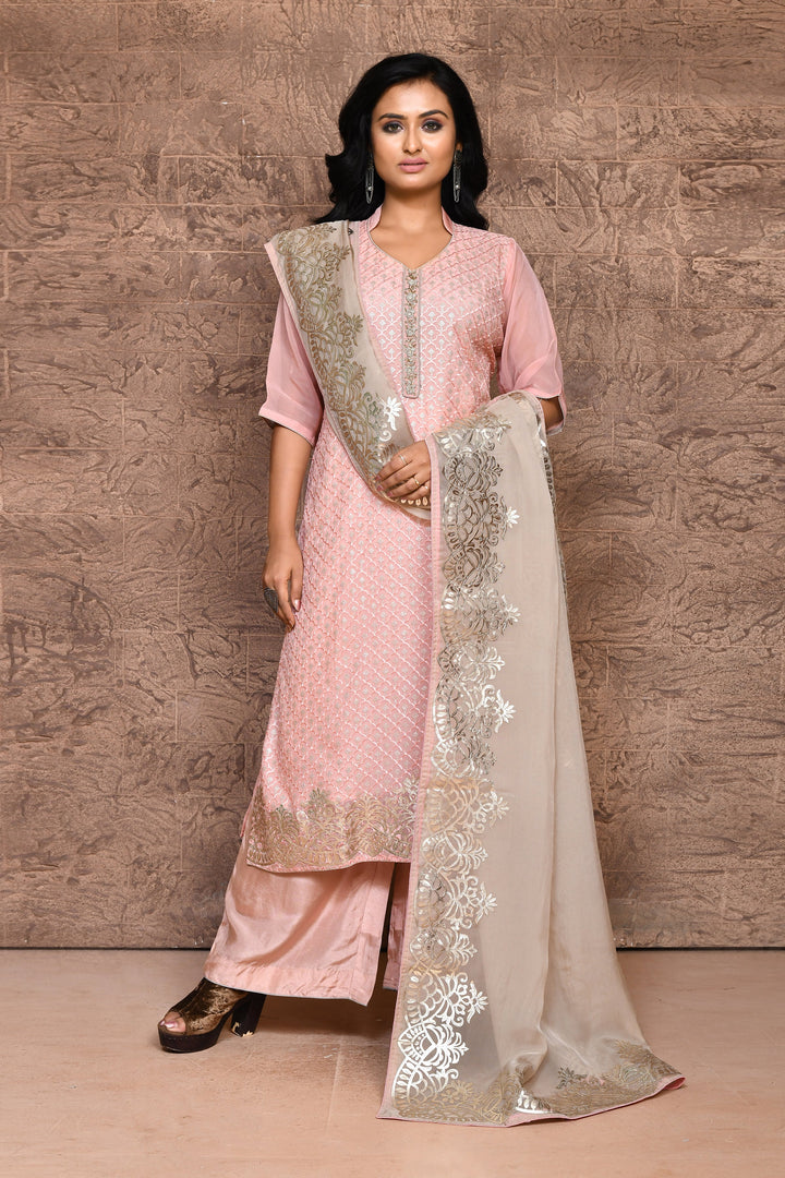 Peach Pure Organza Kurta Suit Set with Leather Embroidery