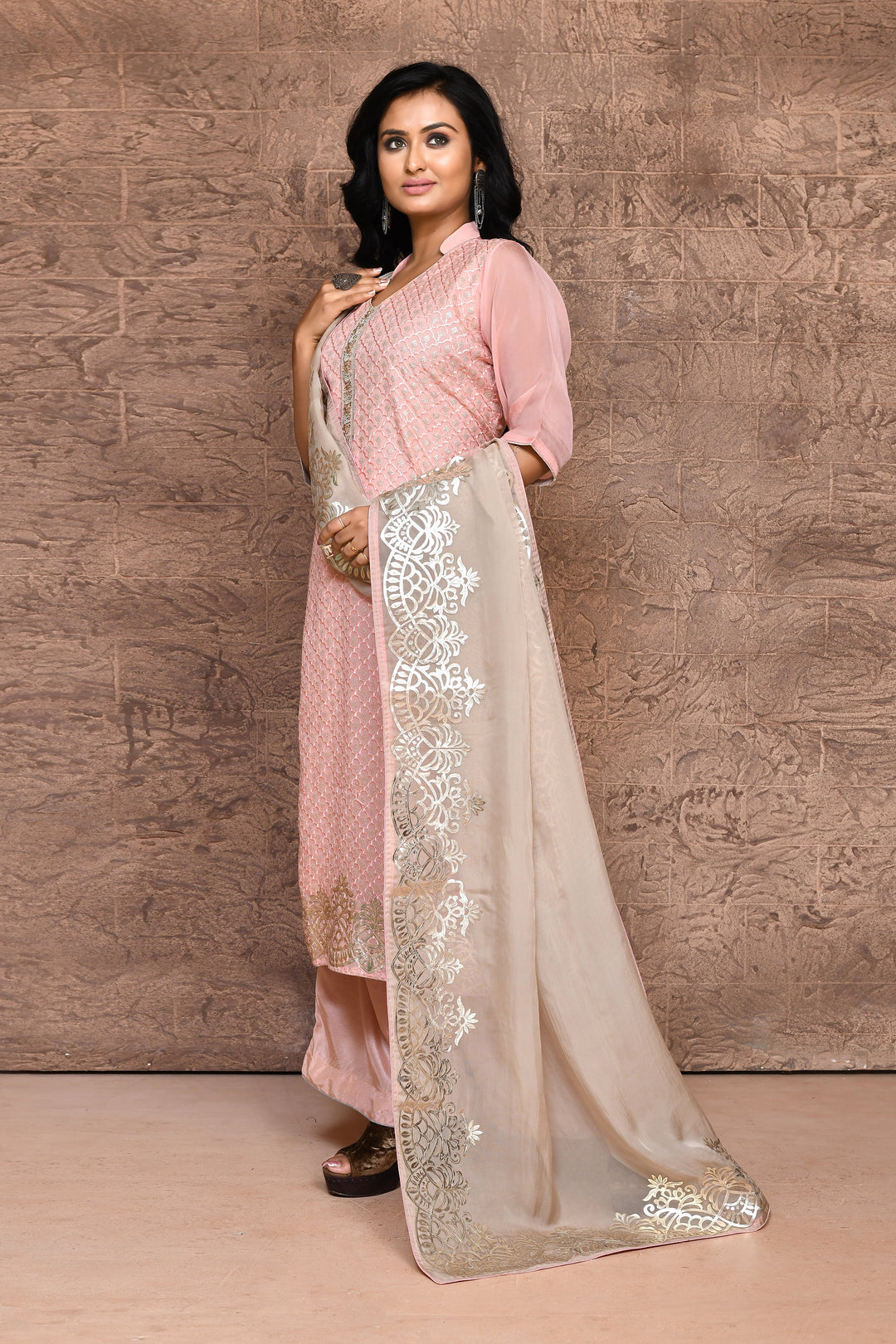 Peach Pure Organza Kurta Suit Set with Leather Embroidery