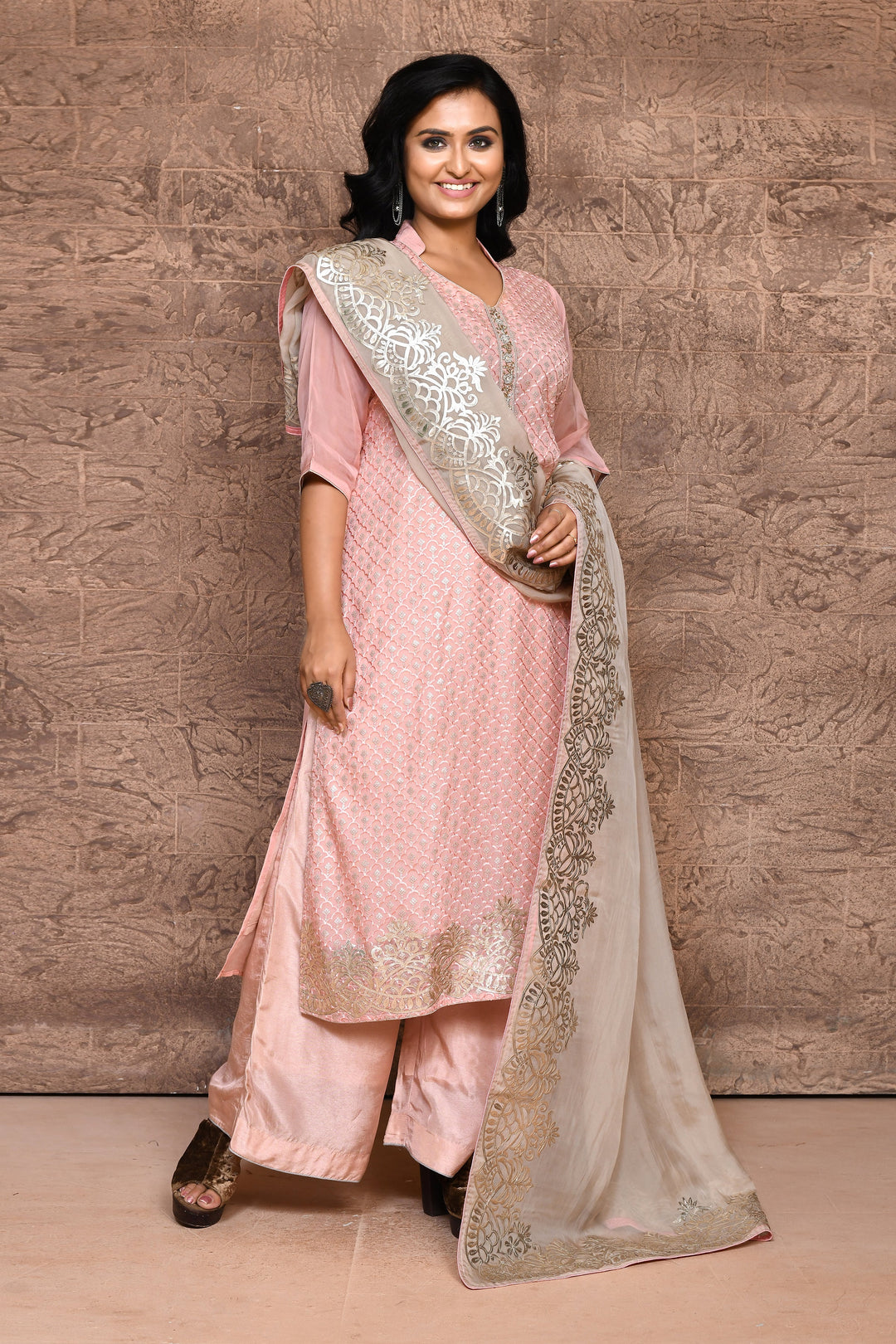 Peach Pure Organza Kurta Suit Set with Leather Embroidery