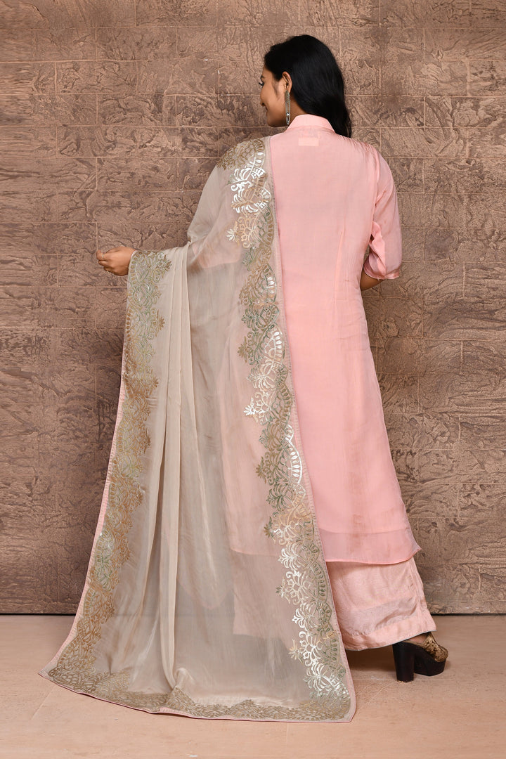 Peach Pure Organza Kurta Suit Set with Leather Embroidery