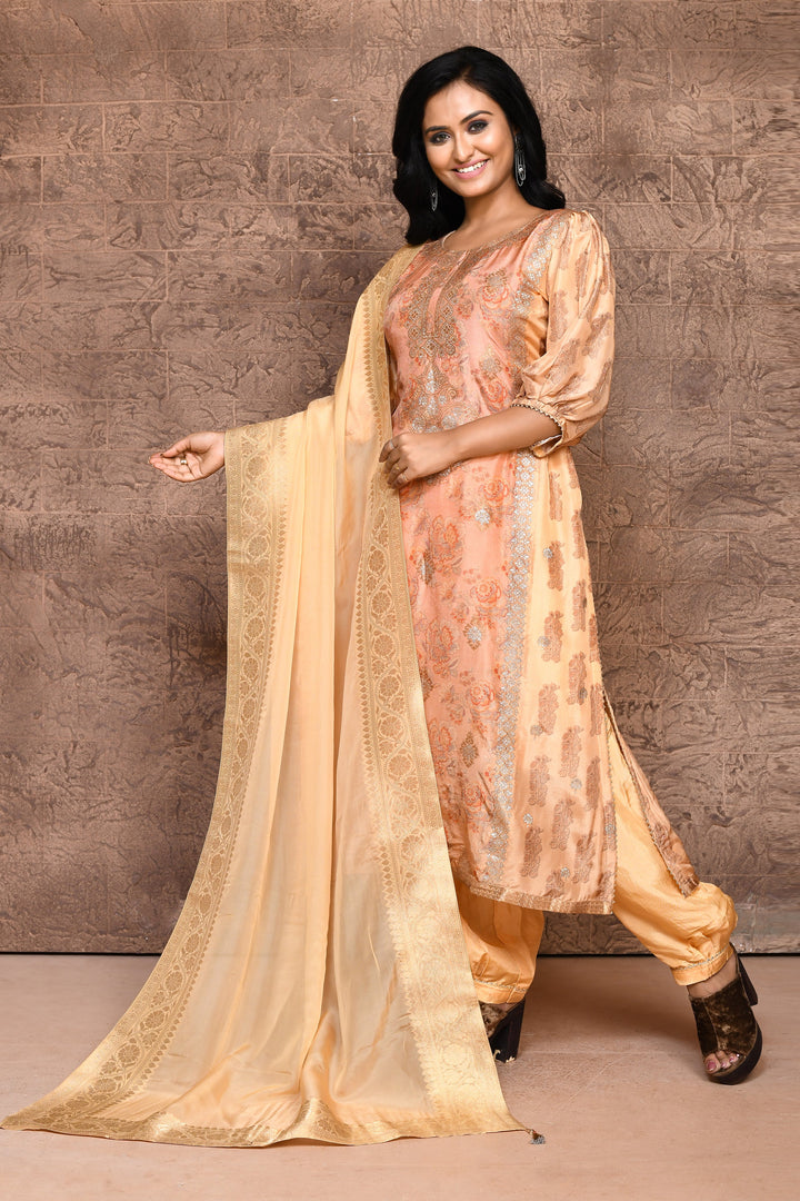 Peach Pure Satin Silk Banarasi Kurta Set with Dupatta