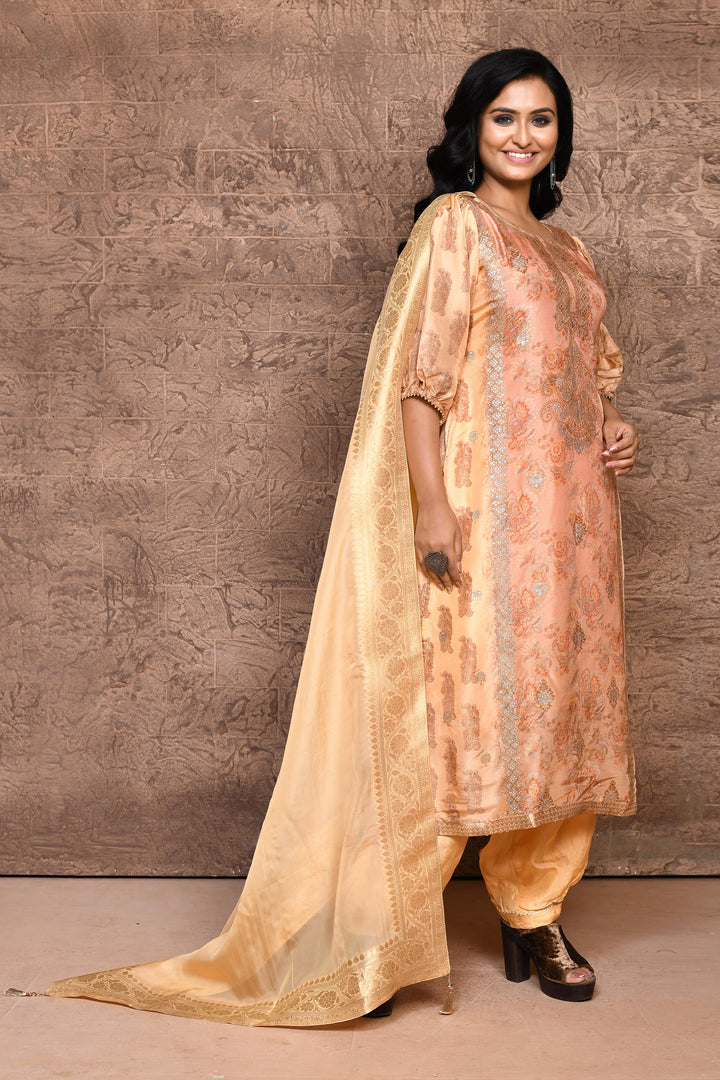 Peach Pure Satin Silk Banarasi Kurta Set with Dupatta