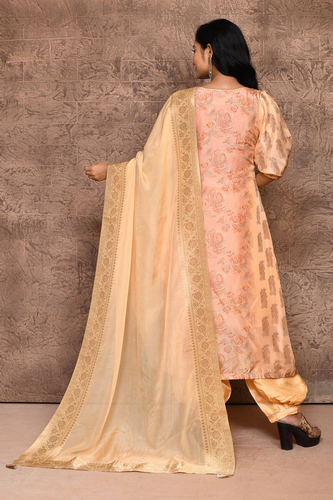 Peach Pure Satin Silk Banarasi Kurta Set with Dupatta