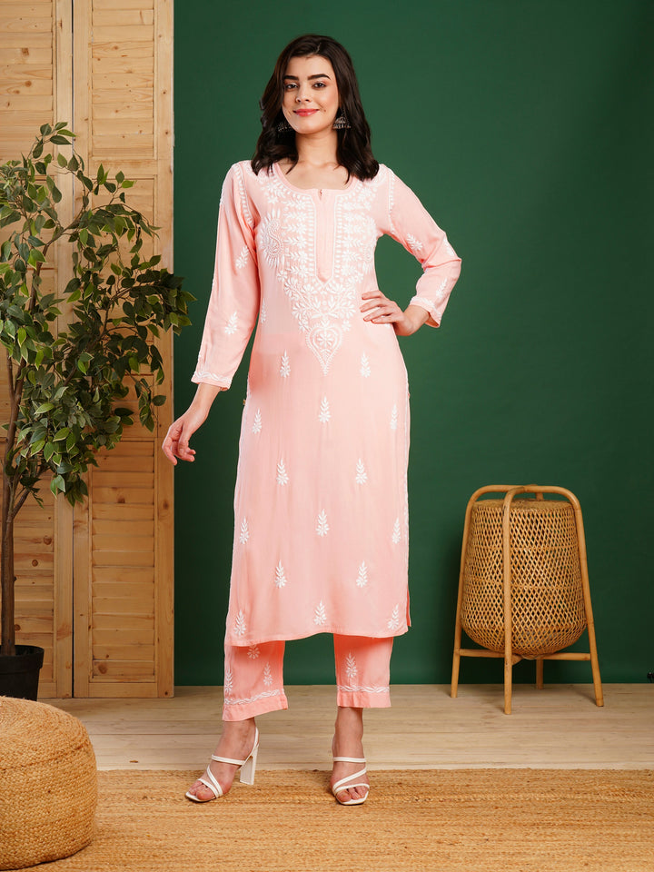 Peach Rayon Chikankari Motif 2-Piece Kurta Set