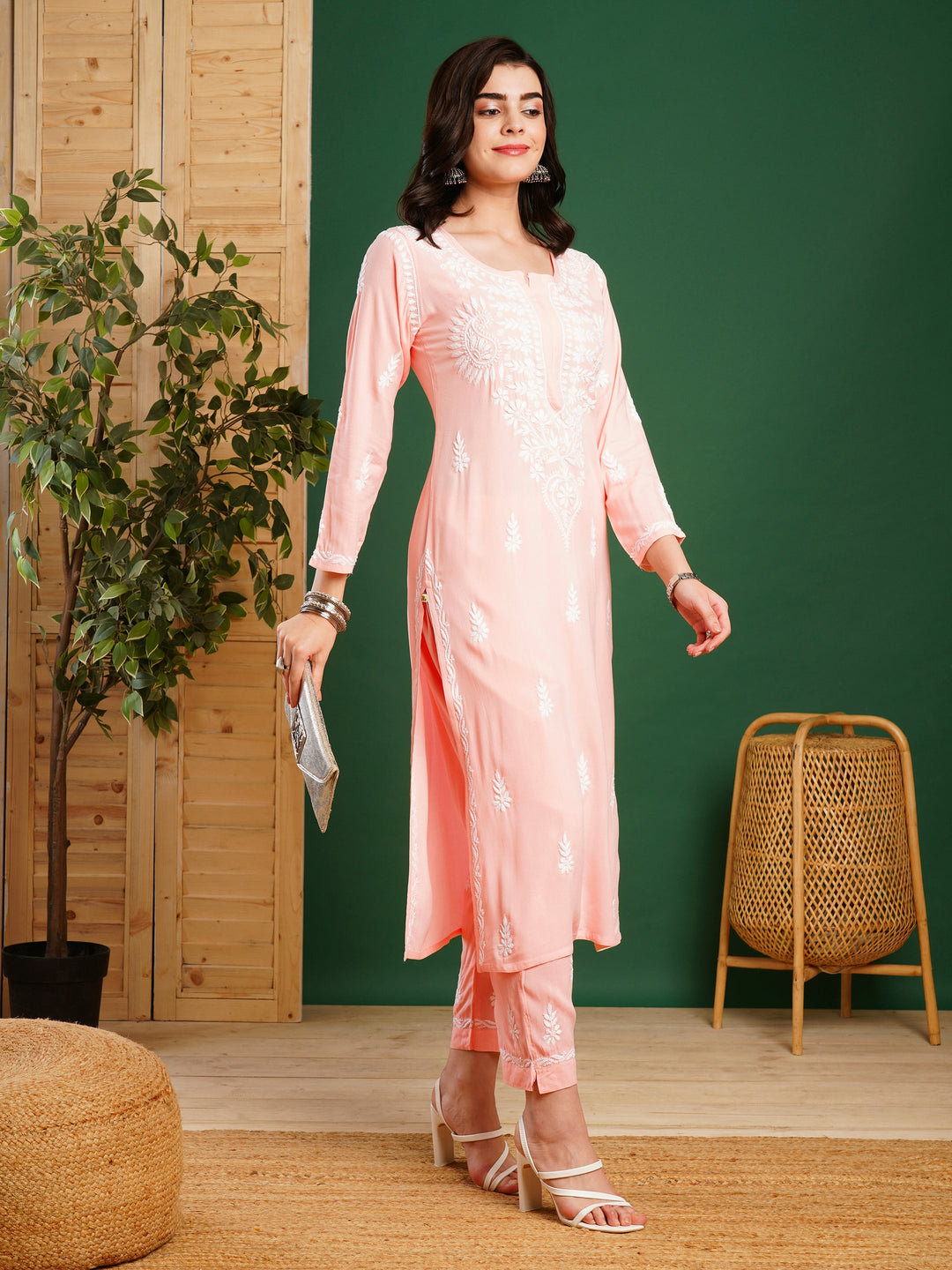 Peach Rayon Chikankari Motif 2-Piece Kurta Set