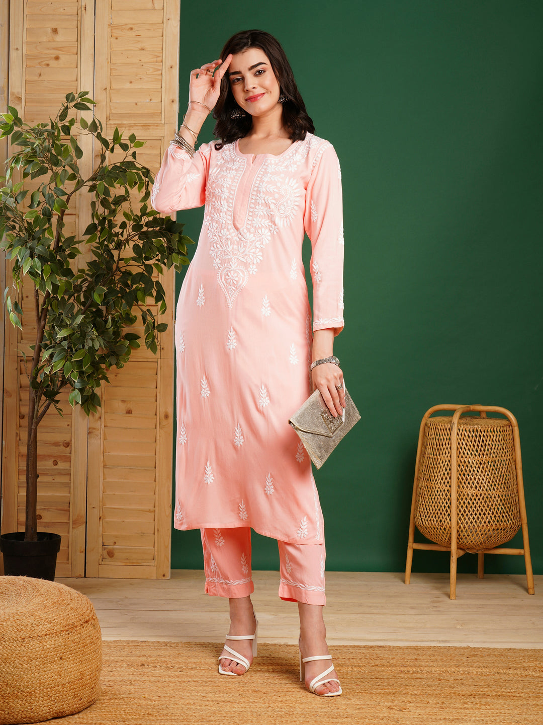 Peach Rayon Chikankari Motif 2-Piece Kurta Set