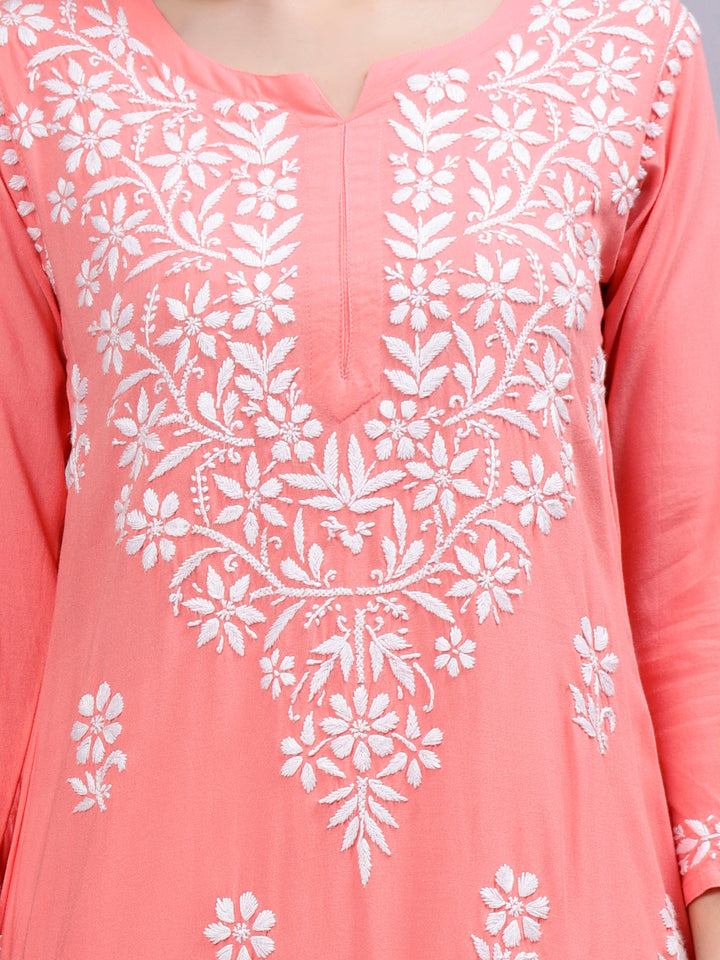 Peach-Rayon-Hand-Embroidered-Lucknowi-Chikankari-Kurti