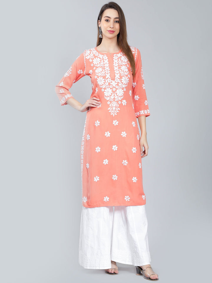 Peach-Rayon-Kurta-with-White-Chikan-Work