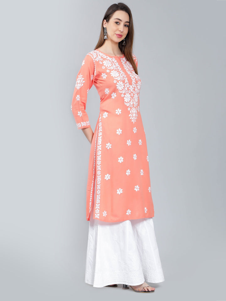 Peach-Rayon-Kurta-with-White-Chikan-Work