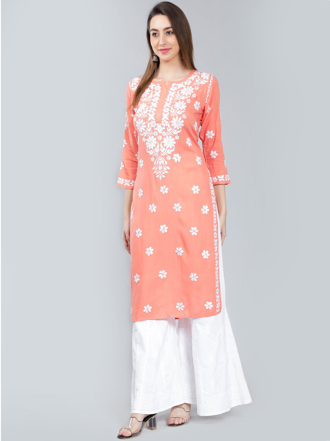 Peach-Rayon-Kurta-with-White-Chikan-Work