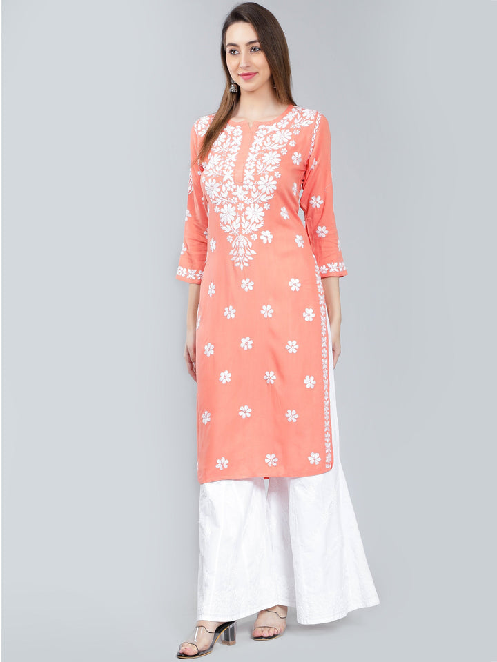 Peach-Rayon-Kurta-with-White-Chikan-Work
