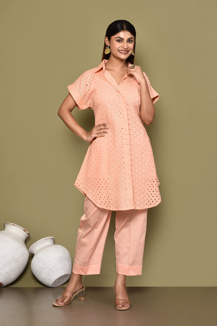 Peach Schiffli Shirt And Pant Co-Ord Set With Slip