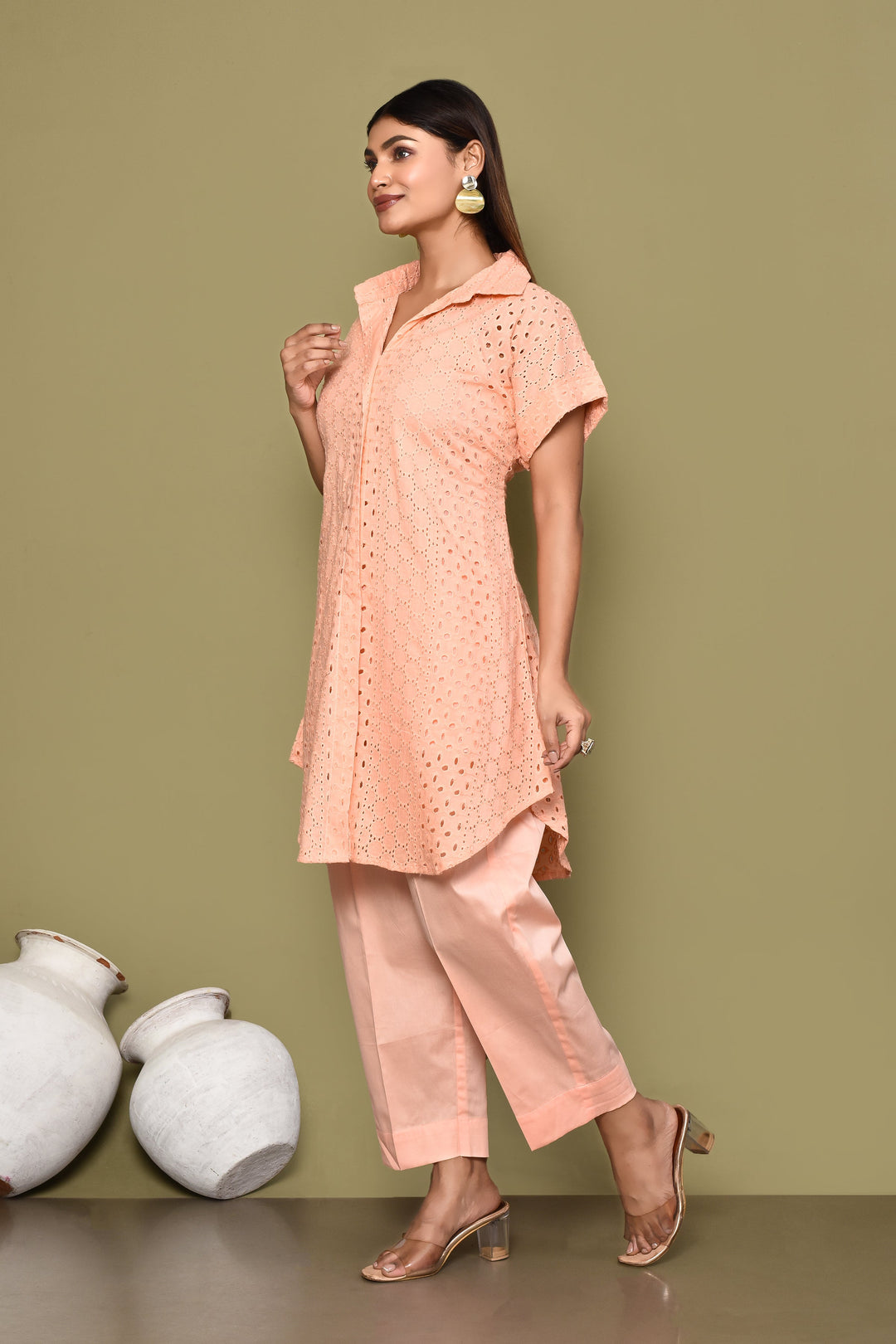 Peach Schiffli Shirt And Pant Co-Ord Set With Slip