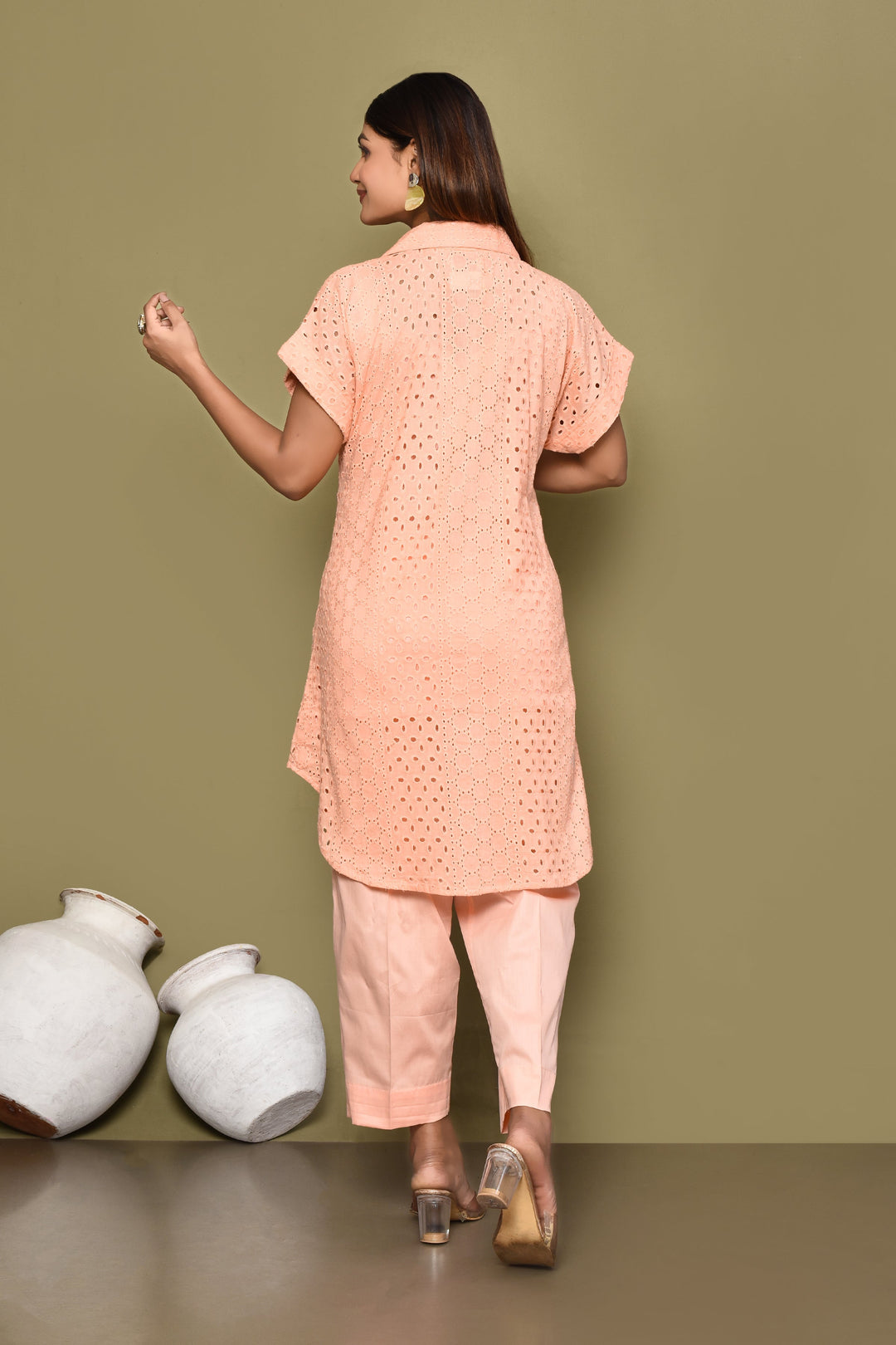 Peach Schiffli Shirt And Pant Co-Ord Set With Slip