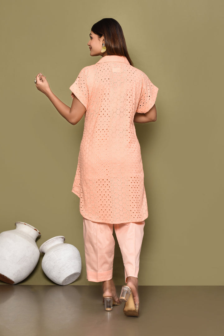 Peach Schiffli Shirt And Pant Co-Ord Set With Slip