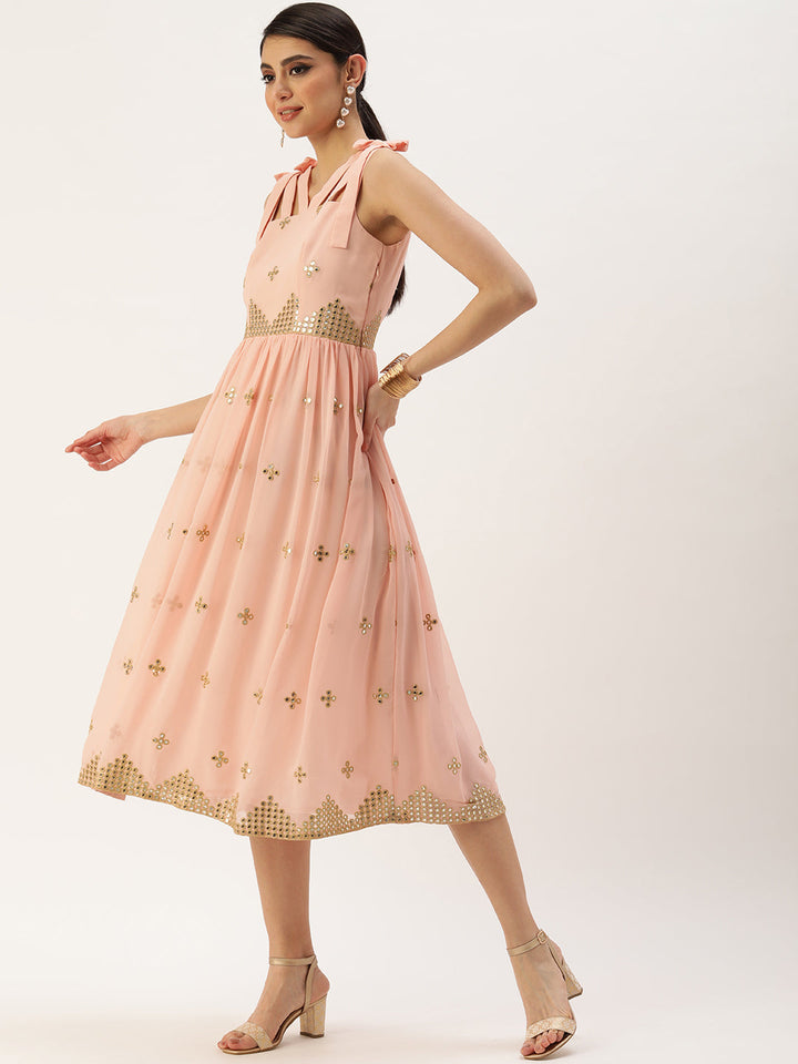 Peach Shisha Embroidered Strap Neck Dress
