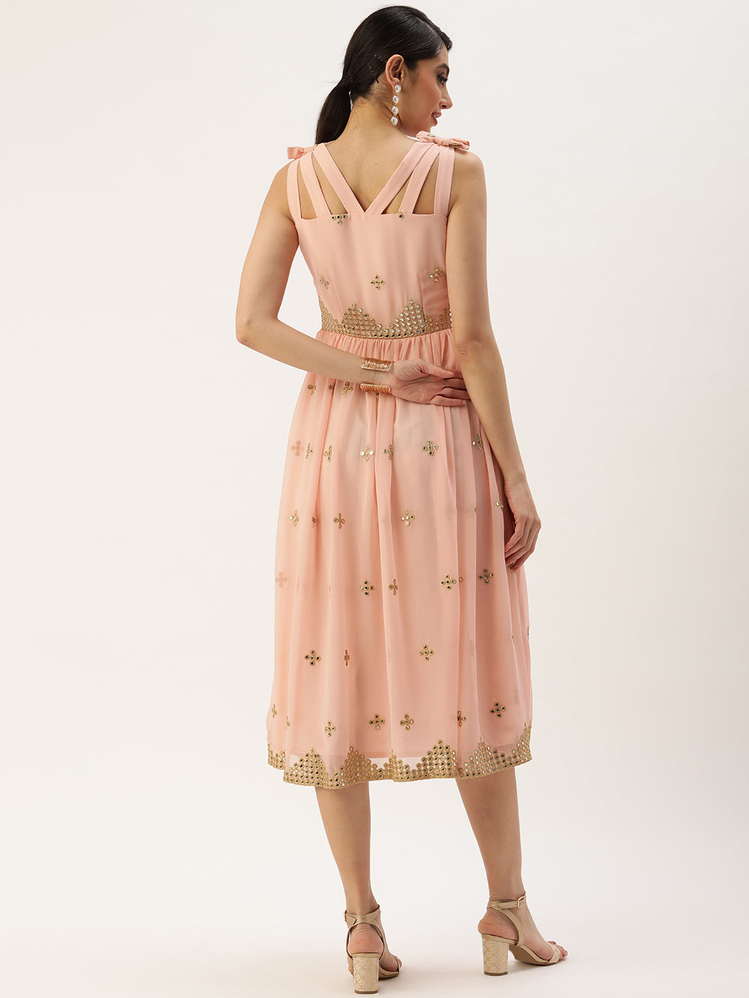 Peach Shisha Embroidered Strap Neck Dress