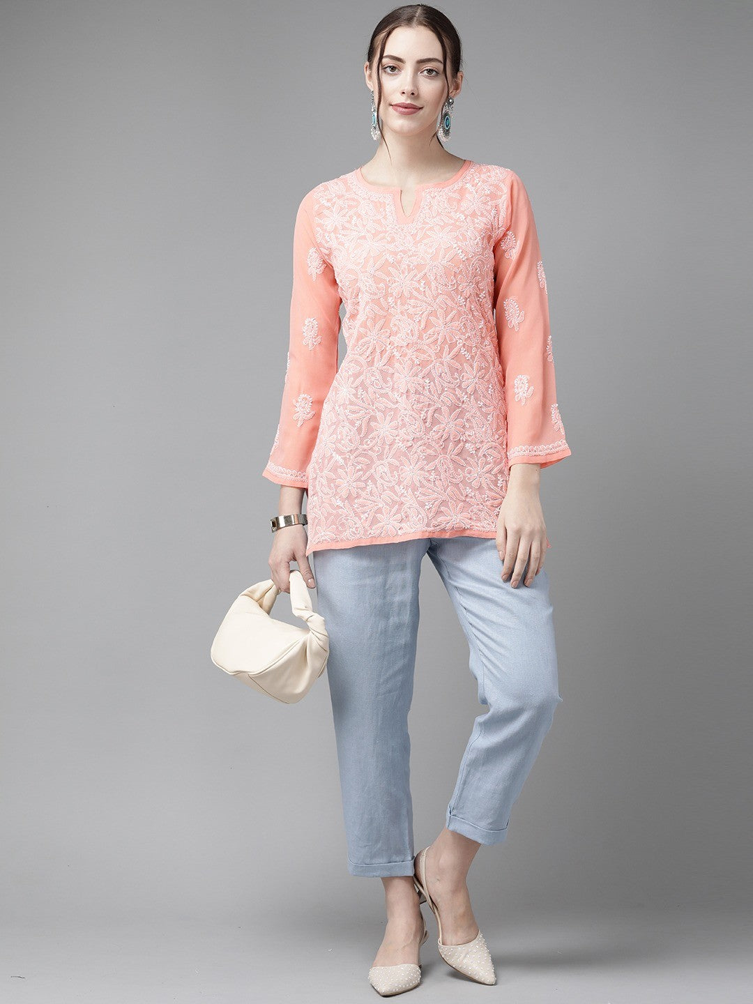 Peach-Straight-Chikan-Kurti-Only