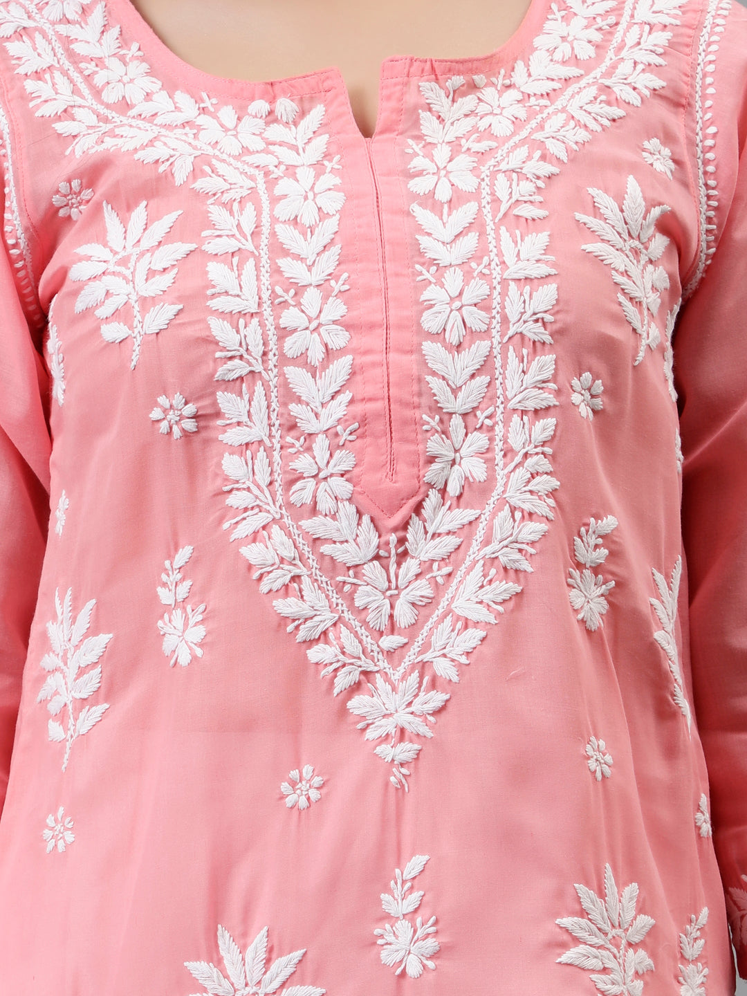 Peach-Terivoil-Cotton-Hand-Embroidered-Chikankari-Kurti