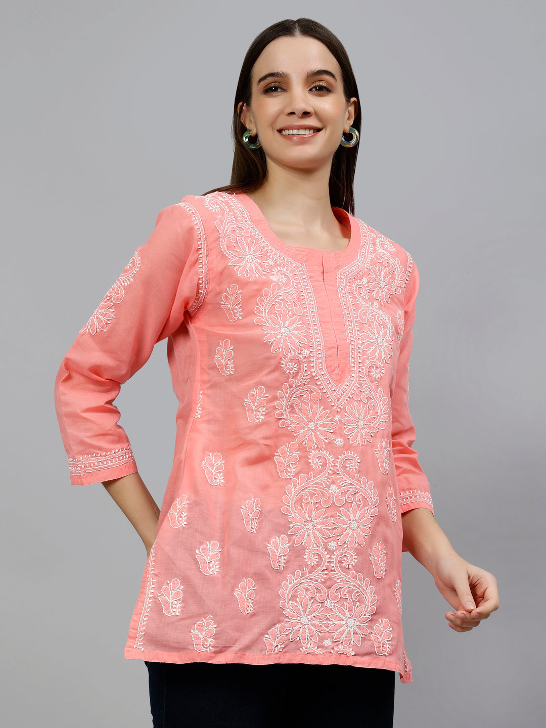 Peach Terivoil Cotton Lucknowi Embroidered Chikankari Tunic