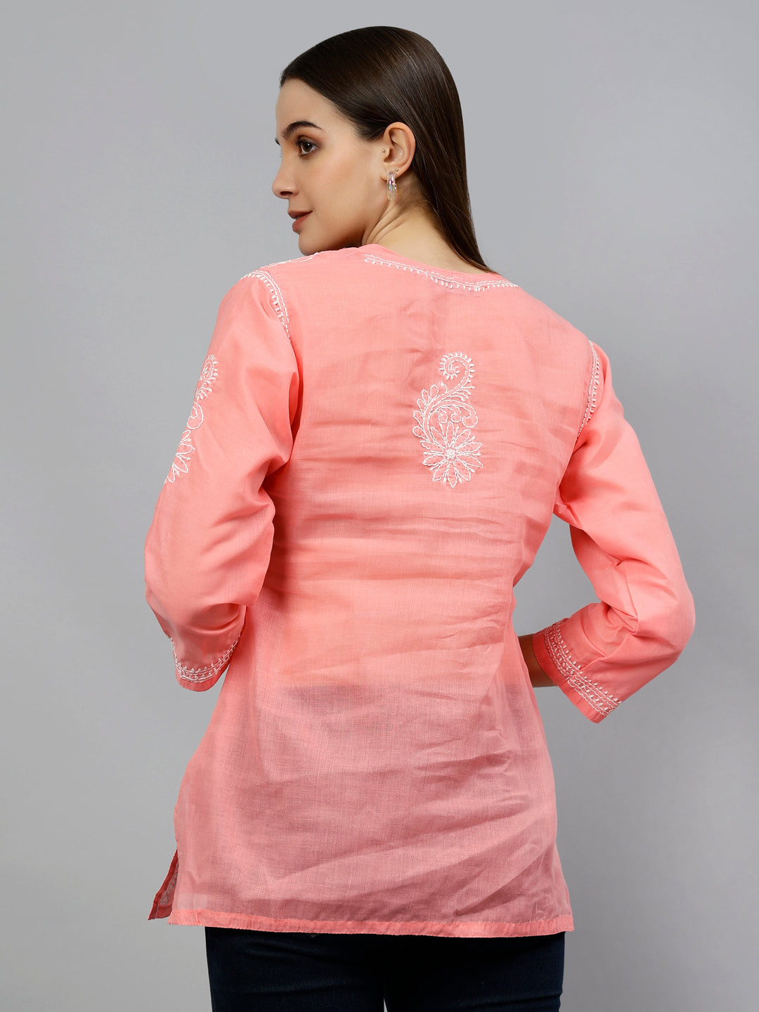 Peach Terivoil Cotton Lucknowi Embroidered Chikankari Tunic
