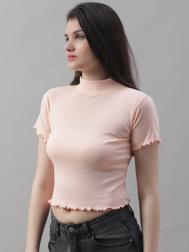 Peach Turtle-Neck Crop Top with Lettuce Edge