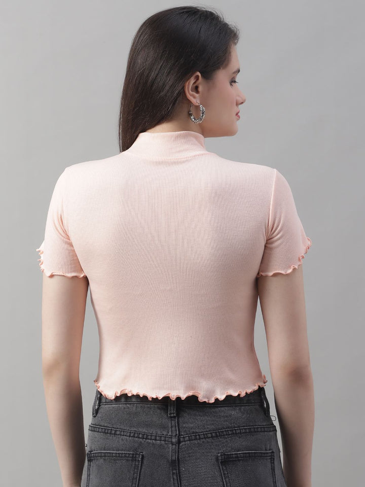 Peach Turtle-Neck Crop Top with Lettuce Edge
