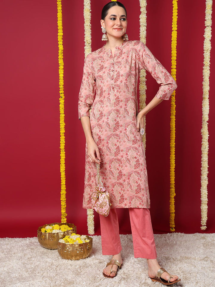 ZERESOUQ-Peach-Viscose-Rayon-Floral-Printed-Straight-Kurta