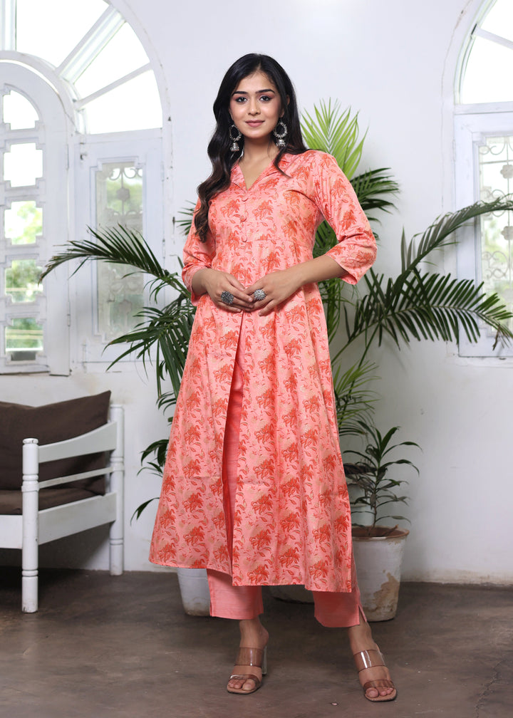 Peach Yarn Dye Collared Front-Slit Kurta and Pant Set