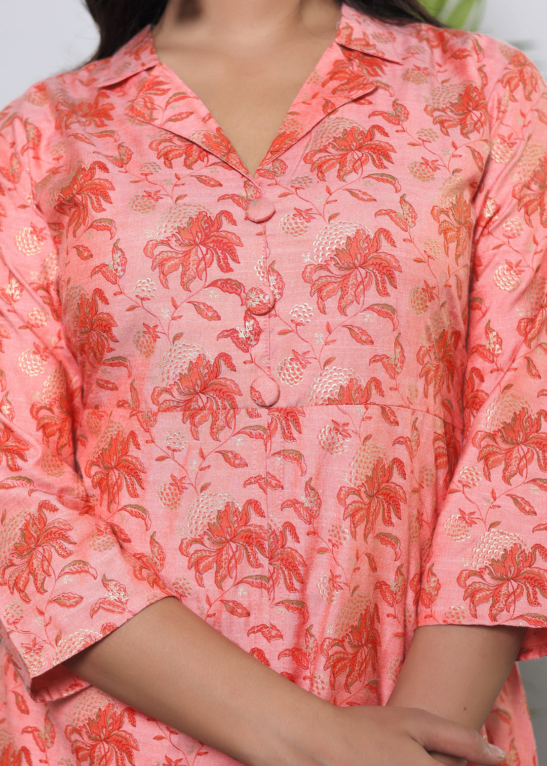 Peach Yarn Dye Collared Front-Slit Kurta and Pant Set