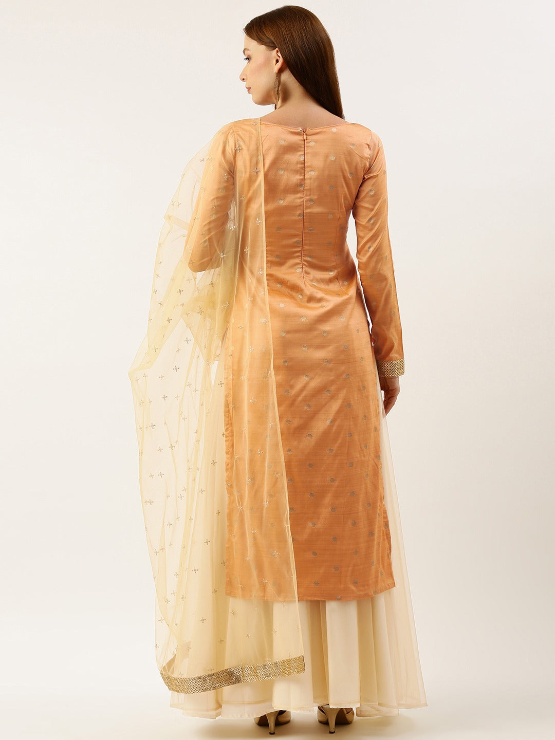 Peach & Cream Jacquard Net Sharara Suit Set