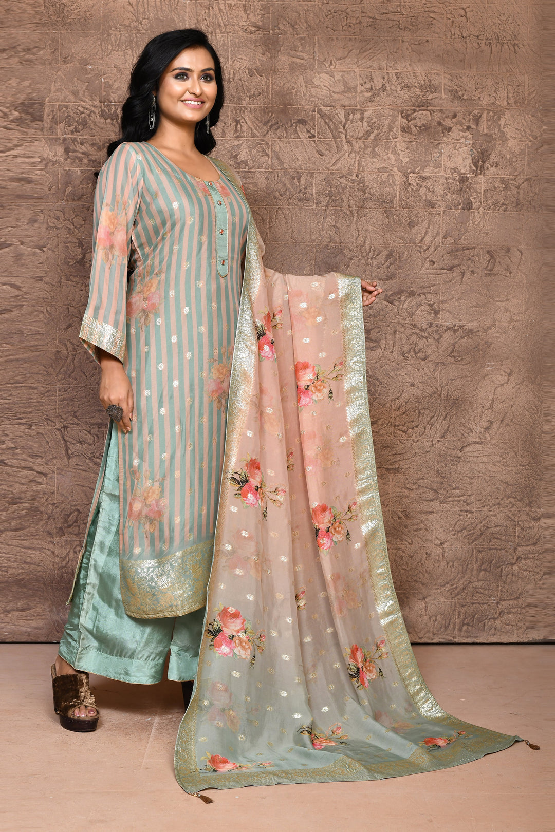 Peach & Sea Green Crepe Banarasi Kurta Set with Dupatta