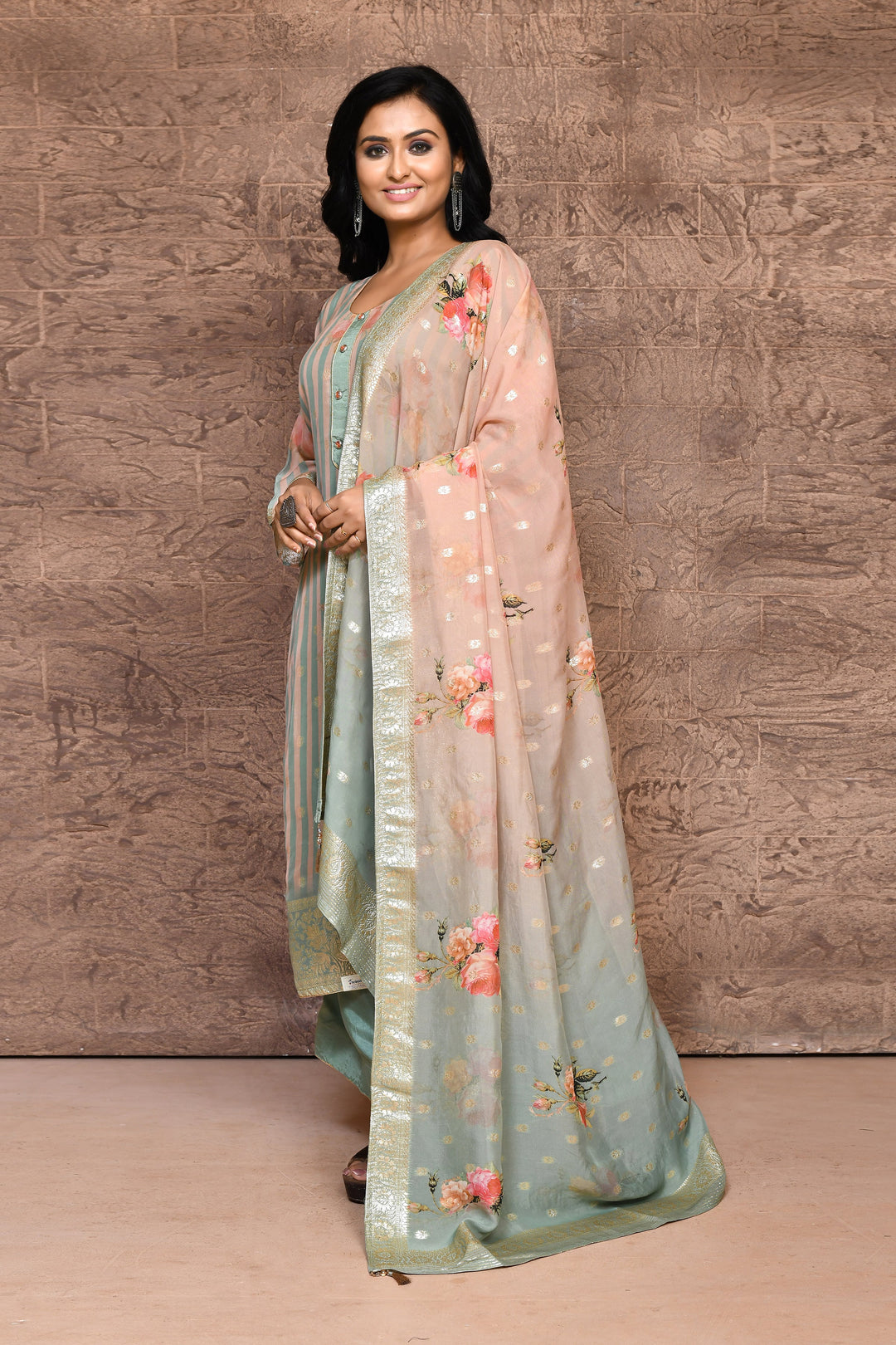 Peach & Sea Green Crepe Banarasi Kurta Set with Dupatta