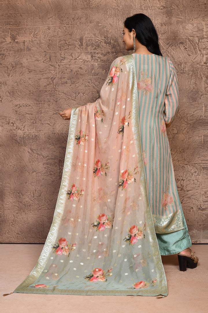 Peach & Sea Green Crepe Banarasi Kurta Set with Dupatta