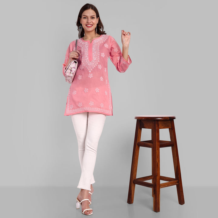 Peach & White Floral Bale Booti Chikankari Tunic Top