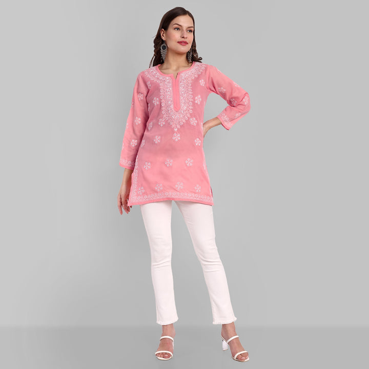 Peach & White Floral Bale Booti Chikankari Tunic Top