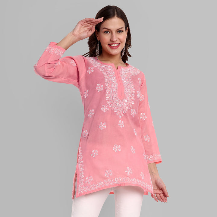 Peach & White Floral Bale Booti Chikankari Tunic Top