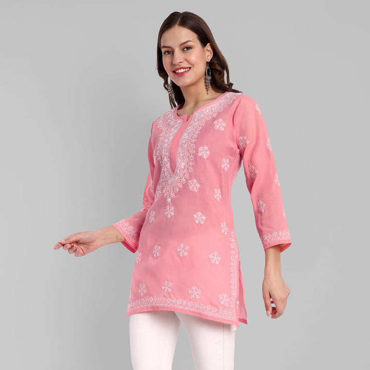 Peach & White Floral Bale Booti Chikankari Tunic Top