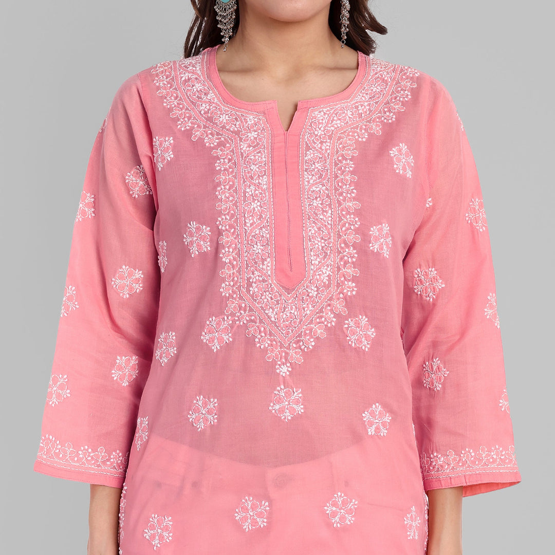 Peach & White Floral Bale Booti Chikankari Tunic Top