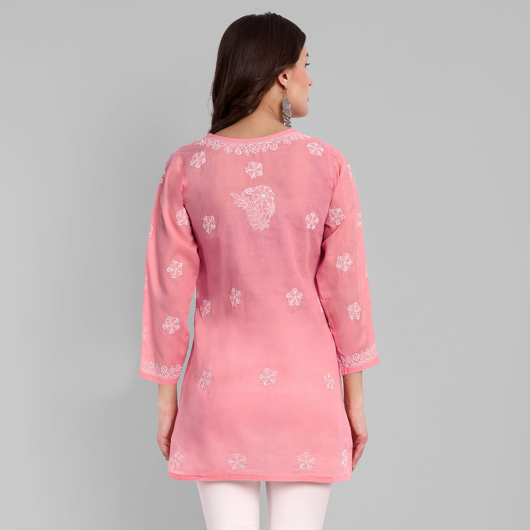 Peach & White Floral Bale Booti Chikankari Tunic Top