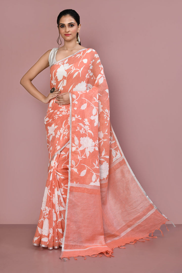 ZERESOUQ-Peach-&-White-Floral-Print-Linen-Cotton-Saree