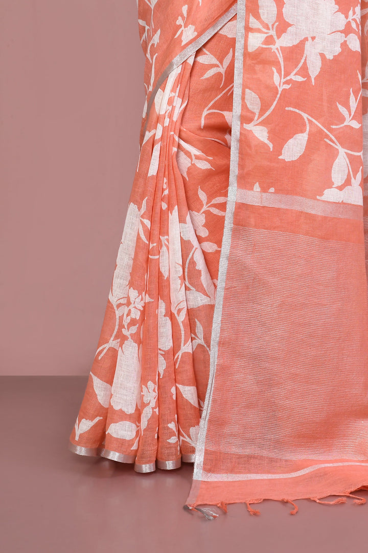 ZERESOUQ-Peach-&-White-Floral-Print-Linen-Cotton-Saree