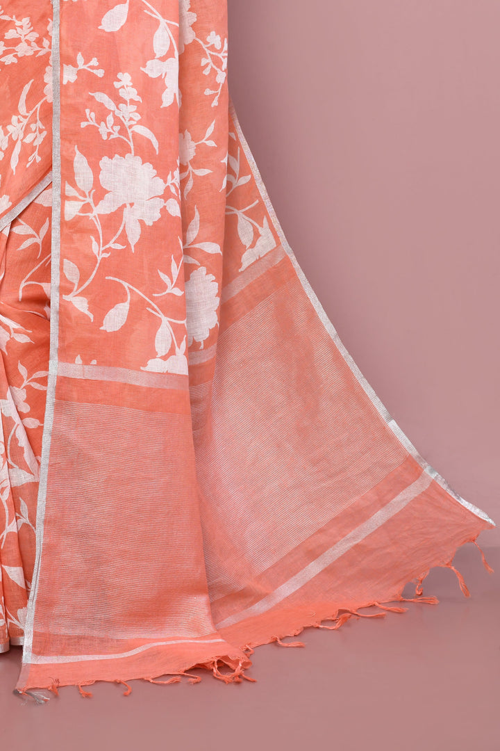 ZERESOUQ-Peach-&-White-Floral-Print-Linen-Cotton-Saree