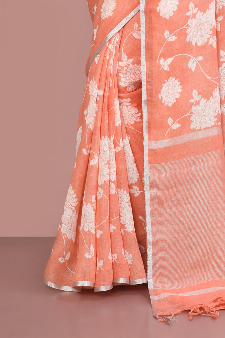 Peach & White Zinnia Print Linen Cotton Saree