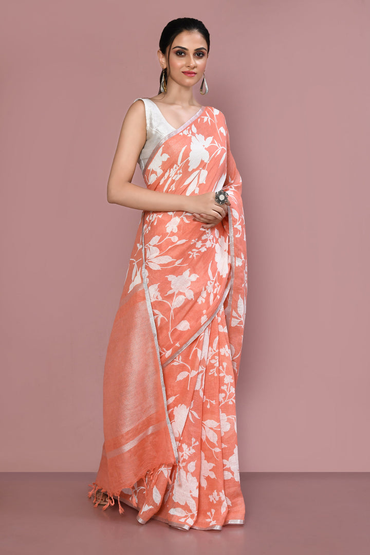 ZERESOUQ-Peach-&-White-Floral-Print-Linen-Cotton-Saree
